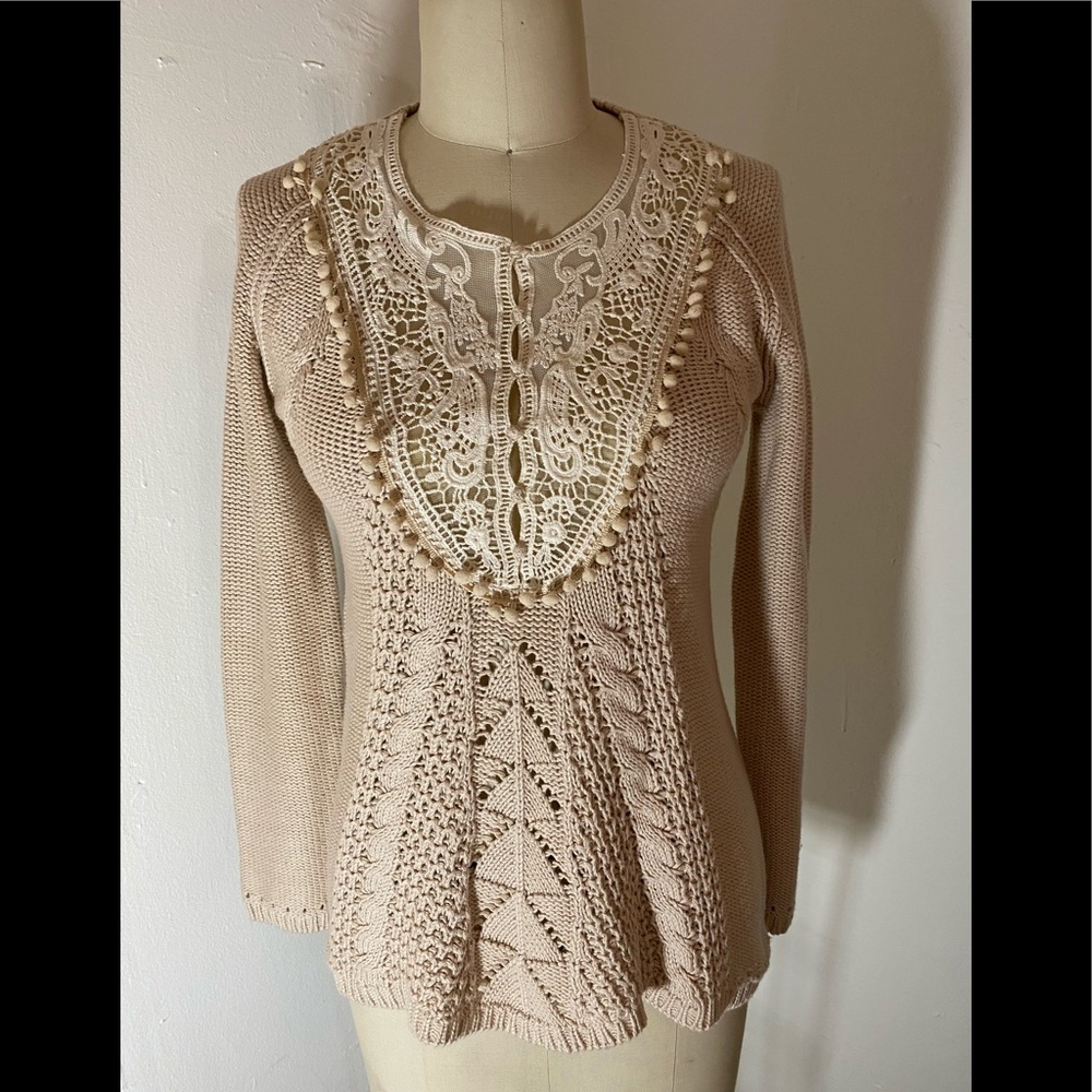 Anthropologie lace an Pom trim cable St sweater